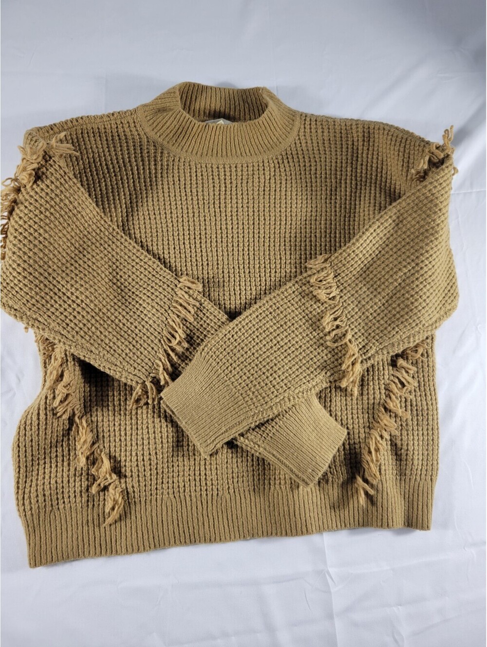 Michael Kors Women’s L Brown Waffle-Knit Fringe Crew Neck Pullover Sweater
